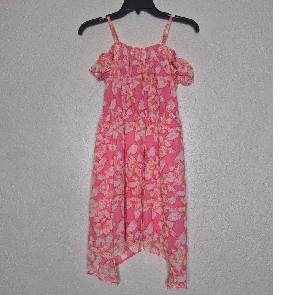 The Childrens Place Girls Pink Floral Cold Shoulder Handkerchief Hem Dress 10/12